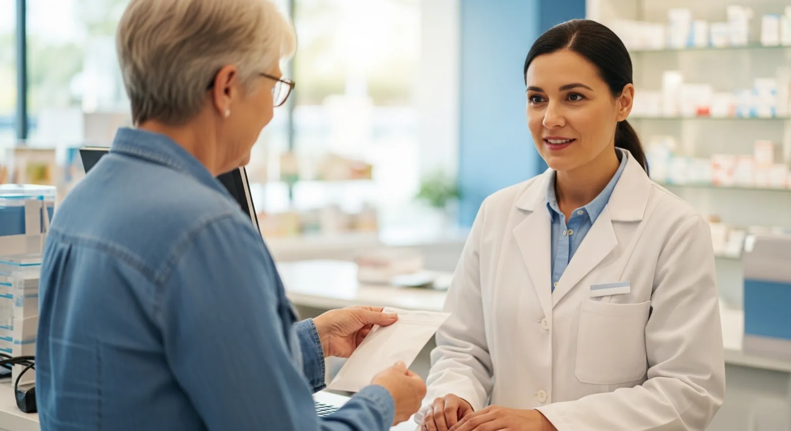 A pharmacist talking with a patient at the pharmacy counter
